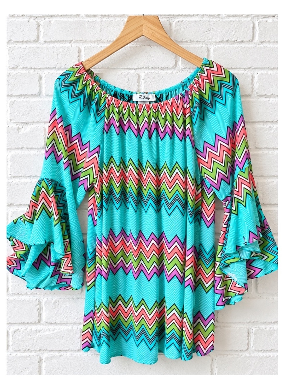 R ROUGE Plus Size Tunic with 3/4 Ruffle Sleeves - Colorful Geometric Print 1X